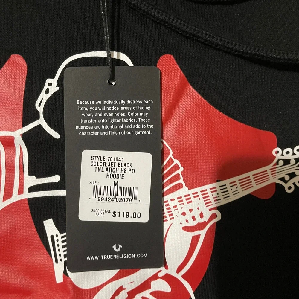 True Religion Mens Buddha Logo Hoodie Jet Black Red Contrast Stitch‎ Medium $119